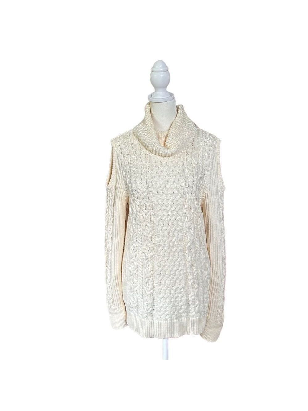 Ruff Hewn Cable Knit Cowl Turtleneck Cold Shoulder Sweater Ivory Cream Sz Large